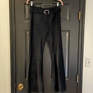 Black Ribbed Velvety Flared Pants with Belt